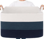 Goodpick 85L Large Blanket Basket 23.6" x 15.7" x 13.8" Cotton Rope Storage Baskets for Organizing, Rectangle Woven Baskets for Storage, Baby Toy Basket for Nursery Bedroom, Blue