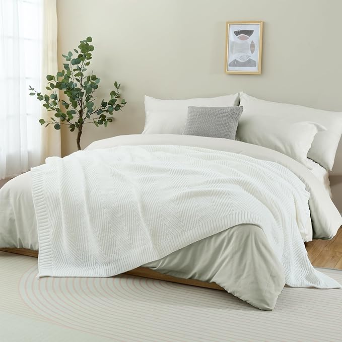 Knitted Throw Blanket 50"X60", White Knit Throws for Bed, Super Soft Boho Chevron Blankets for Couch Sofa Chair Room Decor, Textured Decorative Farmhouse Cozy Lightweight