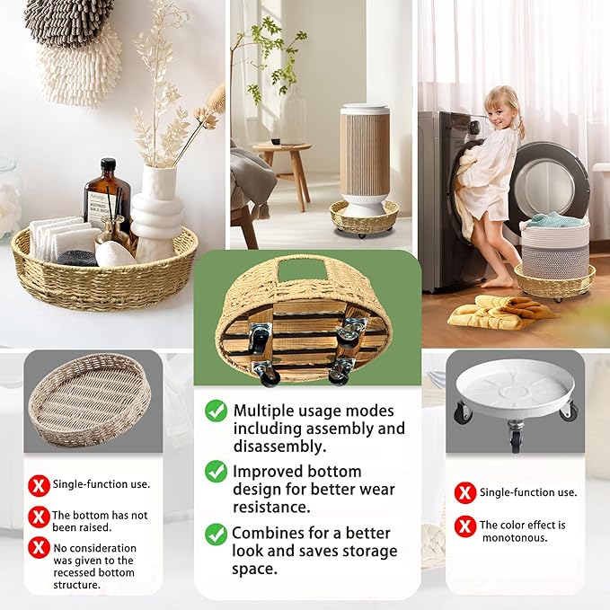 Outdoor Rattan Plant Stand Round Trays Planter Caddy with Wheels, Indoor Wooden Flower pots Table Decor Wicker Basket (Paper Rope)