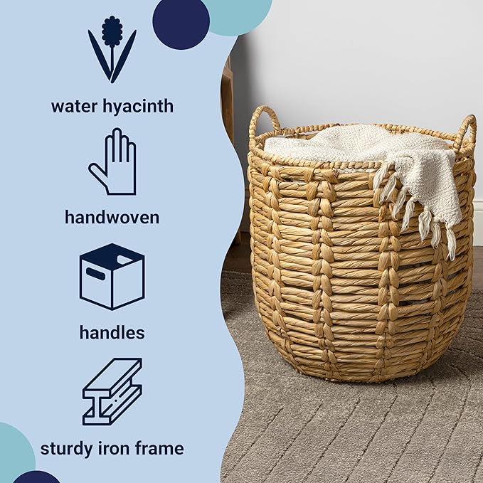 happimess BSK1003A Laurel Bohemian Hand-Woven Abaca Wicker Storage Basket with Handles, Seagrass Container for Decoration in Bedroom, Living Room, Laundry Room, Entryway, Natural