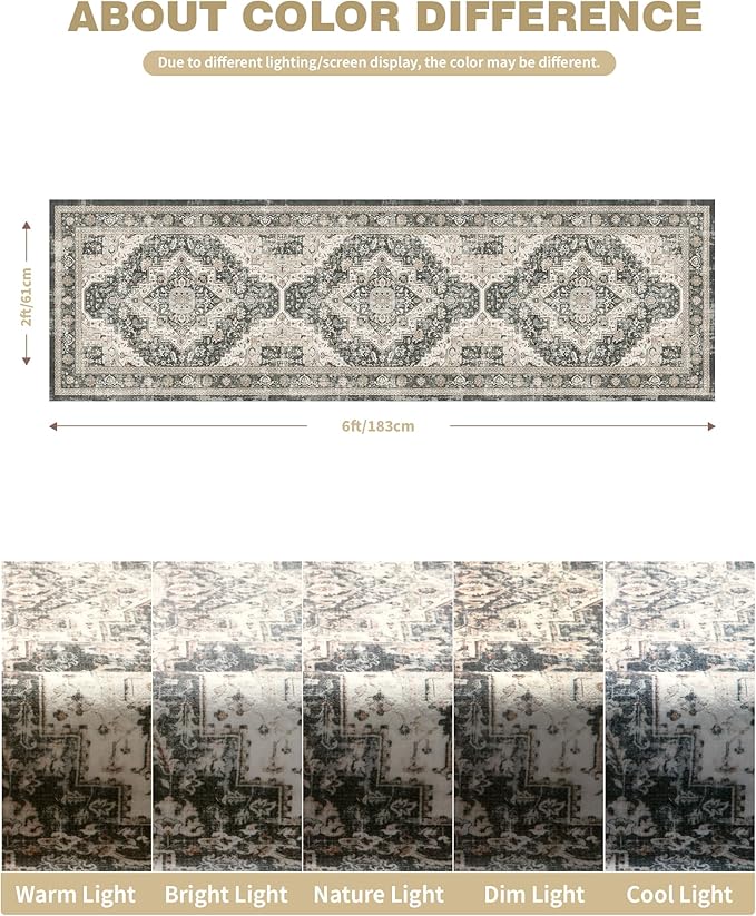Washable Runner Rug 2x6 Runners for Hallways, Ultra-Thin Carpet Runners for Entryway Anti Slip Backing Runner Rugs for Kitchen Laundry Room Indoor Hallway (Black/Beige)