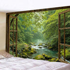 Accnicc Window Forest Tapestry Green Nature Jungle Wall Tapestry for Bedroom Aesthetic Rainforest Stream Outdoor Landscape Large Tapestries Wall Hanging for Dorm Living Room Decor 80 x 60 Inch