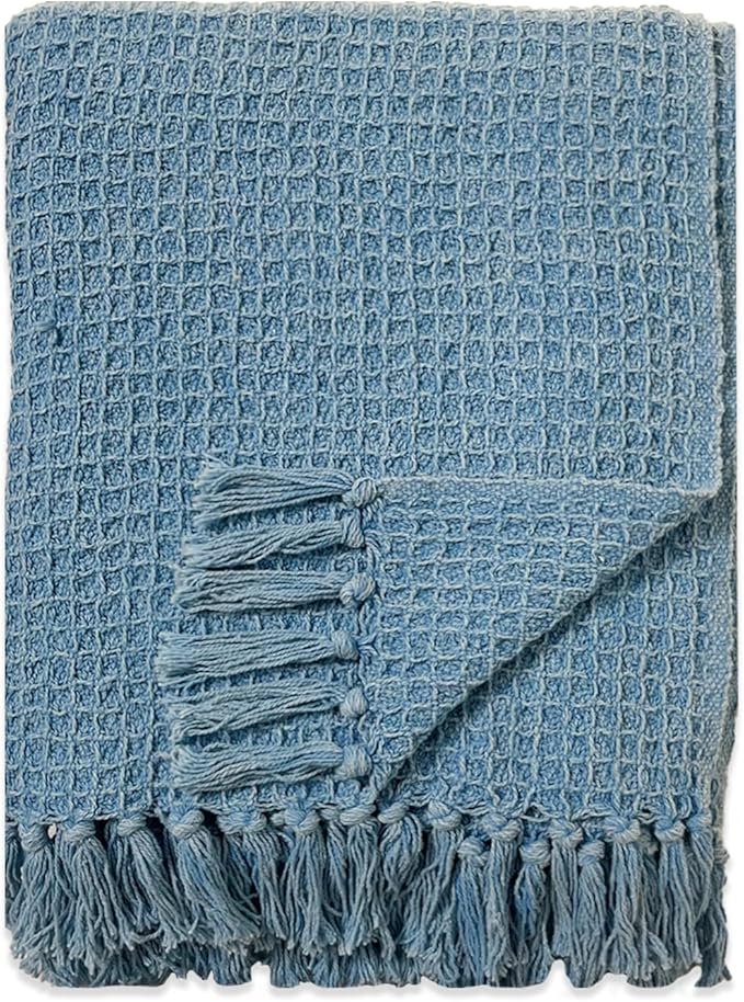 Chardin home Stonewash Blue Waffle Weave Throw, 50x60 Inch 100% Cotton- Large, Wearable, Breathable, Skin-Friendly & Cozy Everyday use Blanket for Couch, Bed, Sofa - Soft & Lightweight Picnic Rug