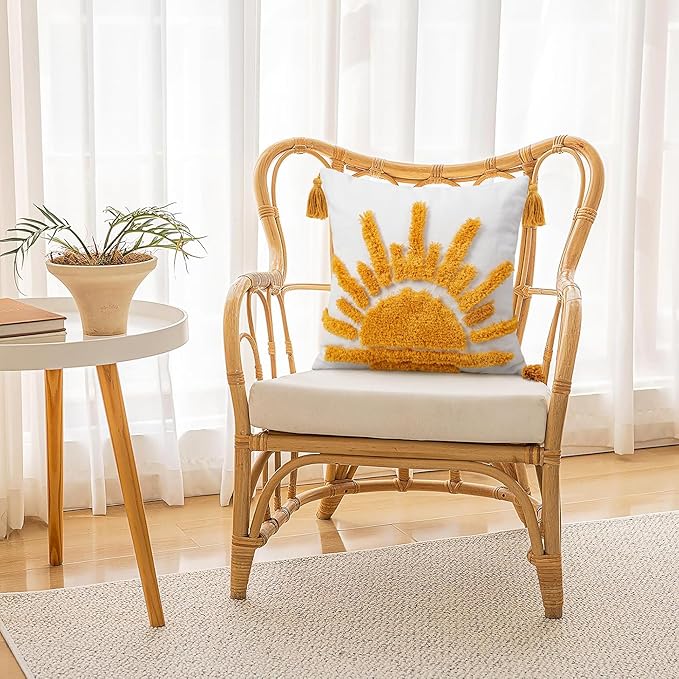 Adabana Boho Decorative Throw Pillow Covers 18x18 Tufted Yellow Sun Sunshine Pillow Cover for Bedroom Living Room Bed Sofa