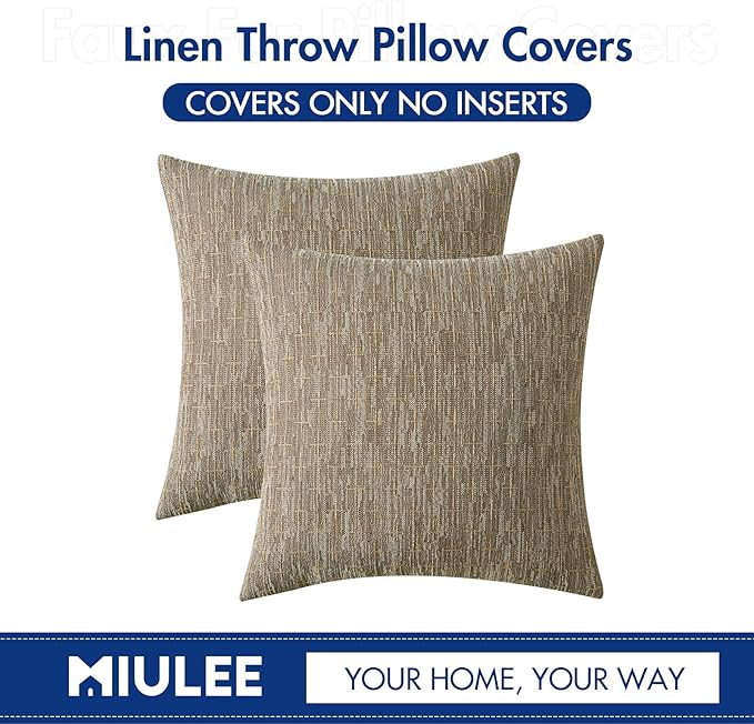MIULEE Pack of 2 Decorative Burlap Linen Throw Pillow Covers Modern Farmhouse Pillowcases Rustic Woven Textured Cushion Cover for Sofa Couch Bed 16x16 Inch Light Brown