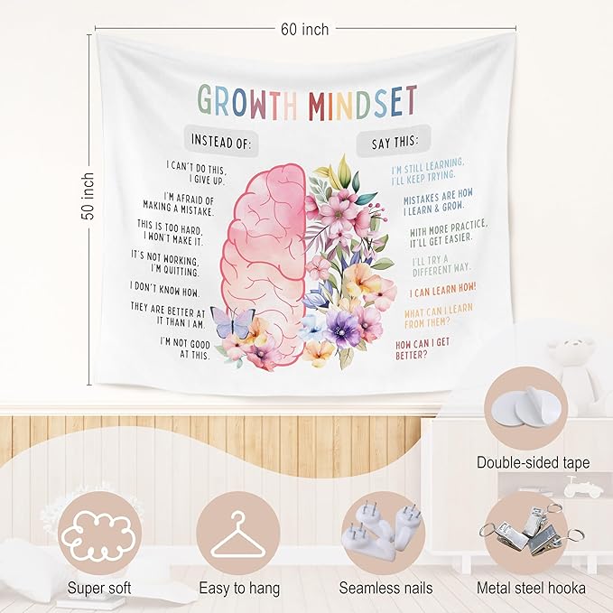 WARDOS Growth Mindset Tapestry, Mental Health Tapestry Wall Hanging, Inspirational Psychology Wall Blanket Decor for Therapy Counselor Office Calm Down Corner Classroom, 50x60 Inch