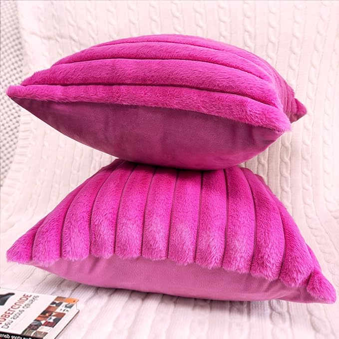 2 Pack 24x24 Pillow Cover Velvet Pillow Covers, Faux Fur Square Throw Pillow Covers for Living Room Decorations Throw Pillow Case, Throw Pillow Cover Cushion Cover for Home Sofa Bedroom Car, Hot Pink