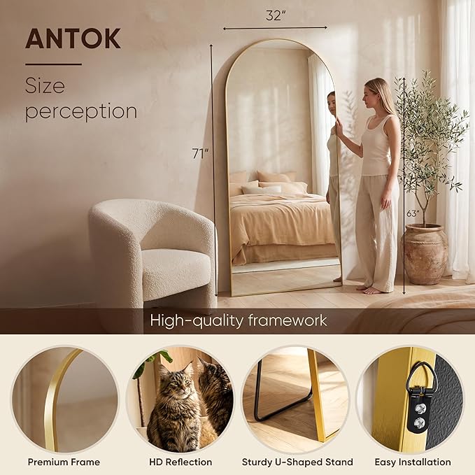 Antok Full Length Mirror, 71"x32" Floor Mirror, Arched Floor Standing Freestanding Arch Full Body Mirrors with Stand for Bedroom, Hanging Mounted for Living Room Cloakroom,Gold