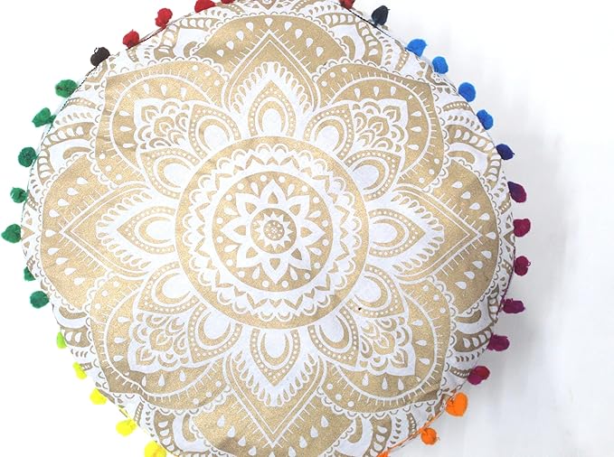 CRAFT KALA 16" Round Large Hippie Mandala Meditation Floor Ottoman Pillow Cushion Pouf Cover Square Poufs Bohemian Circle Floor Cushion Case Outdoor Fireplace Living Room Decor Cover White Gold Flower