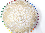 CRAFT KALA 16" Round Large Hippie Mandala Meditation Floor Ottoman Pillow Cushion Pouf Cover Square Poufs Bohemian Circle Floor Cushion Case Outdoor Fireplace Living Room Decor Cover White Gold Flower