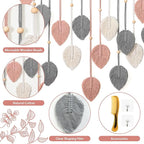 Betylifoy Macrame Wall Hanging Boho Leaves Tapestry Chic Bohemian Feather Wall Art Decor Handmade Yarn Woven Pink Leaf Tapestry Macrame Wall Decor for Bedroom Living Room Nursery Office Backdrop (Pink Gray)