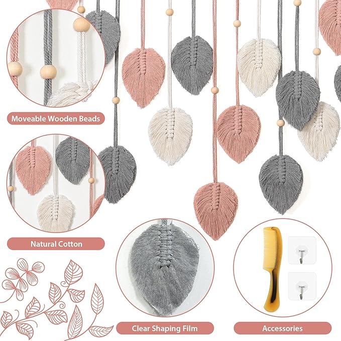 Betylifoy Macrame Wall Hanging Boho Leaves Tapestry Chic Bohemian Feather Wall Art Decor Handmade Yarn Woven Pink Leaf Tapestry Macrame Wall Decor for Bedroom Living Room Nursery Office Backdrop (Pink Gray)