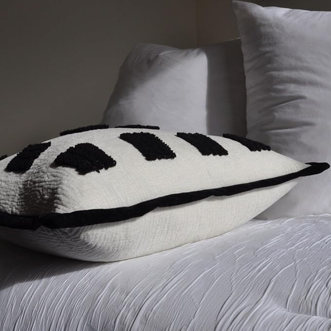 Tufted Decorative Boho Black and White Throw Pillow Cover, 18x18 inches, Soft and Luxurious Chenille Fabric, Elegant Design, Cushion Covers for Couch, Bedroom, Living Room, Home Decor