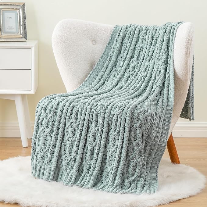Battilo Sage Green Throw Blanket for Couch, 51"x67", Soft Cozy Chenille Throw Blanket, Knit Blanket Sage Throw, Decorative Boho Throw Blanket for Living Room