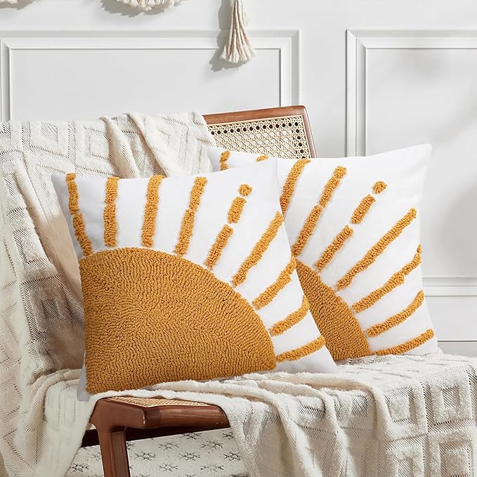 Adabana Boho Decorative Yellow Throw Pillow Covers 20x20, Tufted Sun Pillow Cover with Tassels Bohemian for Sofa Bedroom Living Room Home Decor (No Pillow Insert, 1Pc)