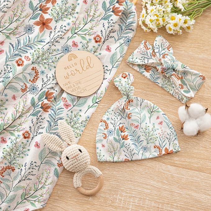 Newborn Swaddle Set with Matching Hat and Bow Set, Floral Baby Girl Newborn Receiving Blankets Baby Swaddle Nursery Wildflower Baby Blanket, Wooden Birth Announcement Card