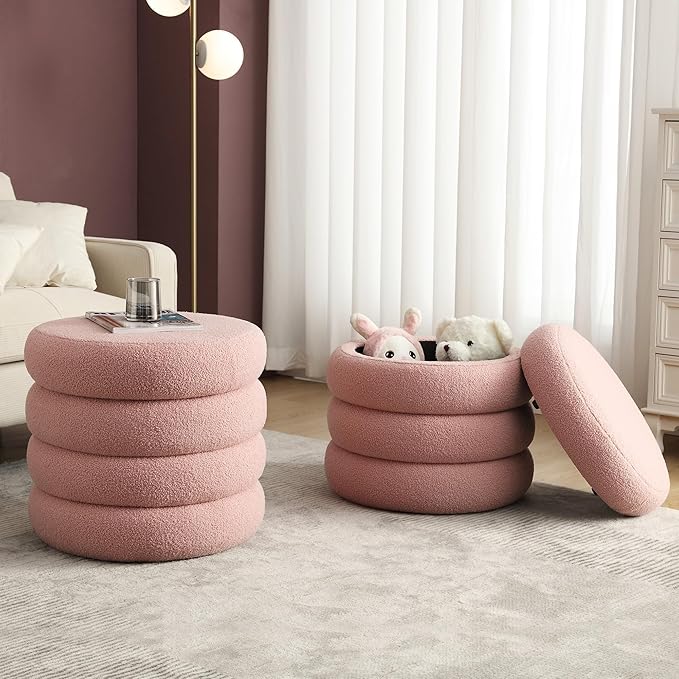 Flouki 20.1" Storage Ottoman Round, Vanity Stools for Bedroom, Entryway Ottoman for Console Table, Ottoman Stool for Girls Women, Foot Stool for Living Room Set of 2, Sherpa Pink