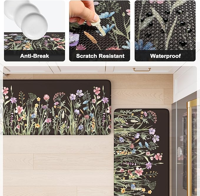 KIMODE Anti Fatigue Mats for Kitchen Floor 17"x47"+17"x29", Farmhouse Floral Kitchen Rugs Sets of 2, Cushioned Kitchen Floor Mats, Non Slip Standing Mat for Sink, Laundry, Office, Desk Black