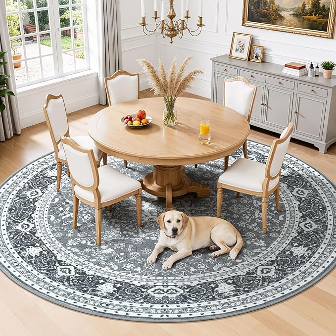 Lessymo Washable 8FT Round Area Rugs for Living Room, Non Slip Circle Rugs Low Pile Vintage Carpet for Bedroom, Dining Room, Nursery, Home Office, Grey White