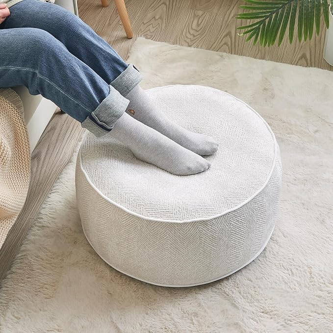 Inflatable Pouf Ottoman, 21x10 Inches Stuffed Chenille Ottoman with Inflatable PVC Liner, Foot Rest with Portable Handle, Round Floor Pillow for Living Room, Bedroom, Kids Room
