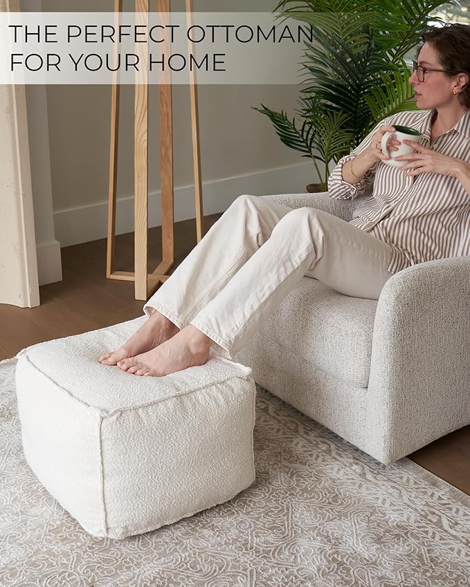 ZICOTO Beautiful Boucle Pouf Ottoman and Foot Rest - Elevate Your Living Room Decor with Lightweight Comfort and Charm - A Round Modern Foam Filled Foot Stool Perfect to Rest Your Feet