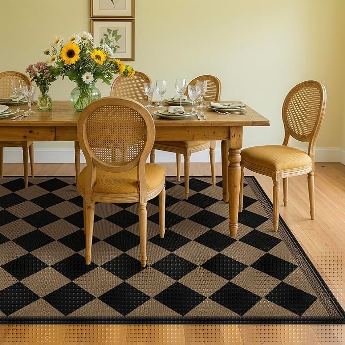 Easy Jute Indoor Outdoor Checkered Rug for Dining Room 6x9, Stain Resistant Non-Slip Geometric Black and Brown Diamond Living Room Rug, Durable Boho Border Low Pile Carpet Decor for Bedroom and Office