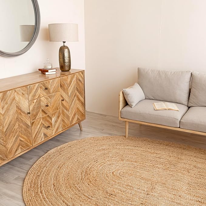 HOMEMONDE Reversible Oval Jute Area Rug - 4 x 6 ft Hand Woven Natural Fiber - Farmhouse Braided Rugs for Dining Room/Hallway/Office/Kitchen/Bedroom (Natural)