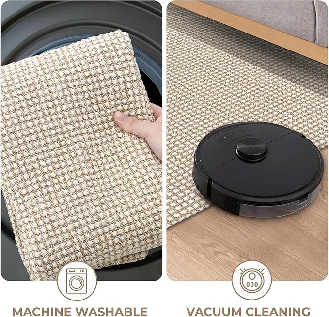 KOZYFLY Washable Area Rug 4x6 ft Non Slip Rubber Backed Living Room Rugs Braided Woven Cotton Kitchen Rugs Indoor Outdoor Entryway Rug Floor Carpet for Dining Living Room Bedroom, Ivory/Khaki