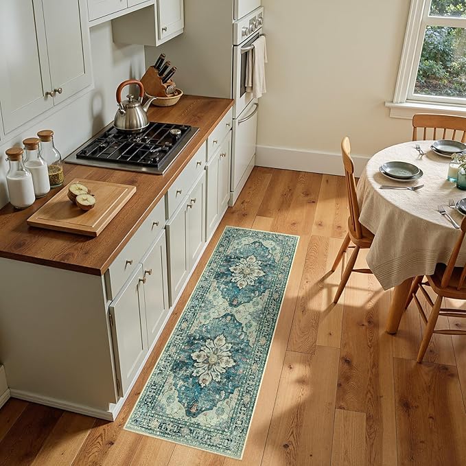 Area Rugs 2'x5' Runner Rug Non Slip Washable for Kitchen Hallway Bedroom Beside Laundry Room Bathroom Rug, Floor Carpet, Dark Blue Vintage