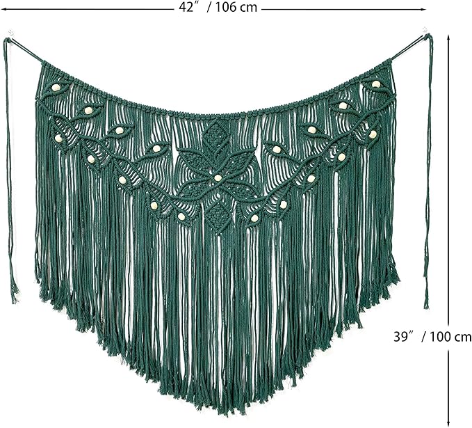 Youngeast Home Decor Leaf Shape Macrame Wall Hanging Woven Tapestry Bedroom Curtain Fringe Garland Banner Living Room Wall Decor Dark Green 39X31 inches