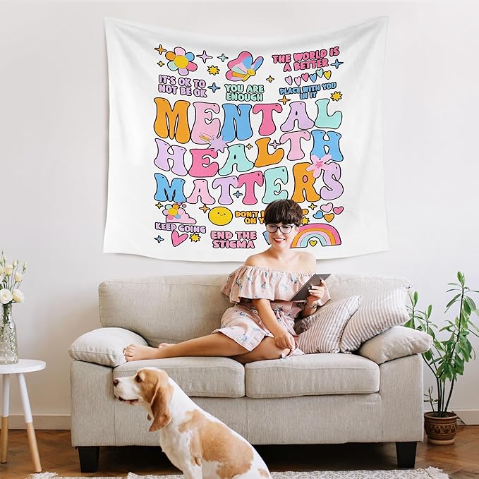 WARDOS Mental Health Matters Tapestry, Boho Trendy Mental Health Tapestry Wall Hanging, Inspirational Psychology Wall Blanket Decor for Therapy Office Classroom Girls Bedroom, 50x60 Inch