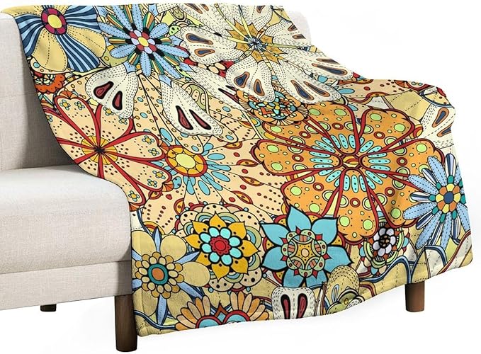 Boho Floral Throw Blanket Vintage Colorful Flowers Bohemian Print Mandala Blanket for Sofa Bed Couch Chair Or Dorm 60"x80"