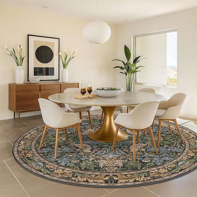 Washable Boho Round Rugs 8ft for Living Room, Ultra Soft Forest Large Circular Area Rugs for Bedroom, Dining Room Under Kitchen Table Non-Slip, Vintage Green Floral Round Floor Carpet Décor