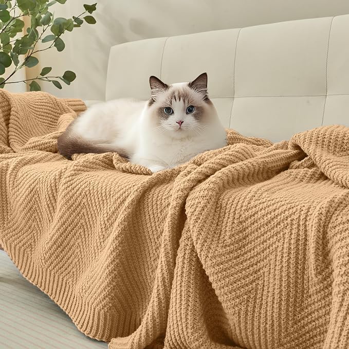 Knitted Throw Blanket 50"X60", Tan Brown Knit Throws for Bed, Super Soft Boho Chevron Blankets for Couch Sofa Chair Room Decor, Textured Decorative Farmhouse Cozy Lightweight
