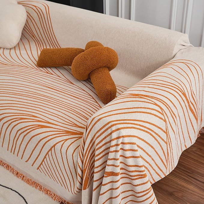VClife Couch Cover Soft Chenille Sofa Cover Modern Minimalist Creamy Beige Couch Cover with Abstract Terracotta Line - Washable Non Slip Sofa Slipcover Reverse 2-Seaters Sofa Protector