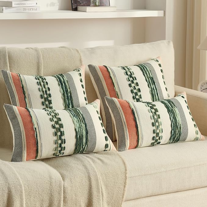 FUTEI Green Decorative Throw Pillow Covers 12x20 Inch Set of 2, Soft Tufted Striped Textured Accent Pillow Case,Boho Pillows for Couch Decor