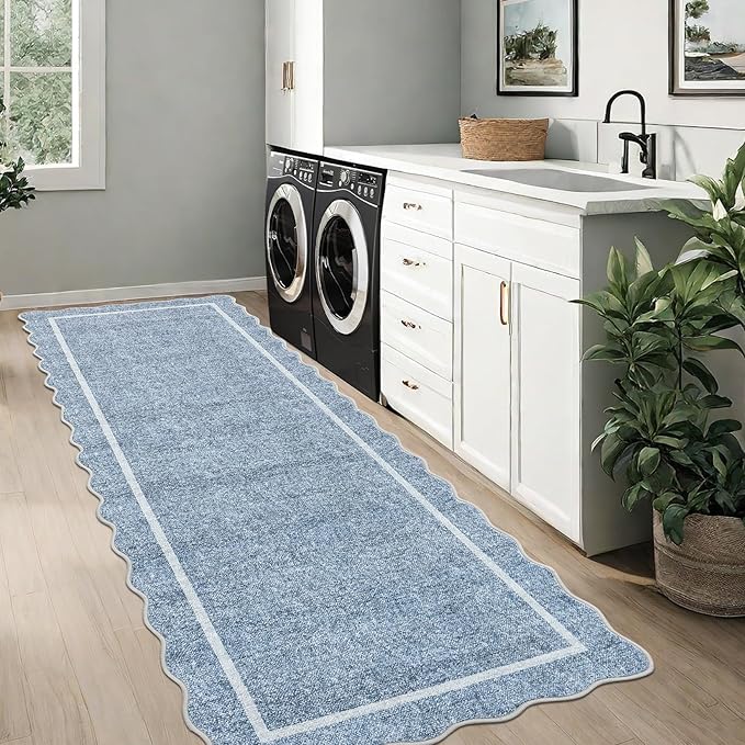 GarveeHome Scalloped Washable Kitchen Runner Rug 2x8, Blue Runners for Hallway, Non Slip Boho Soft Bathroom Throw Mat Bordered Carpet Runner for Laundry Entryway Bedroom 2 ft x8 ft Blue