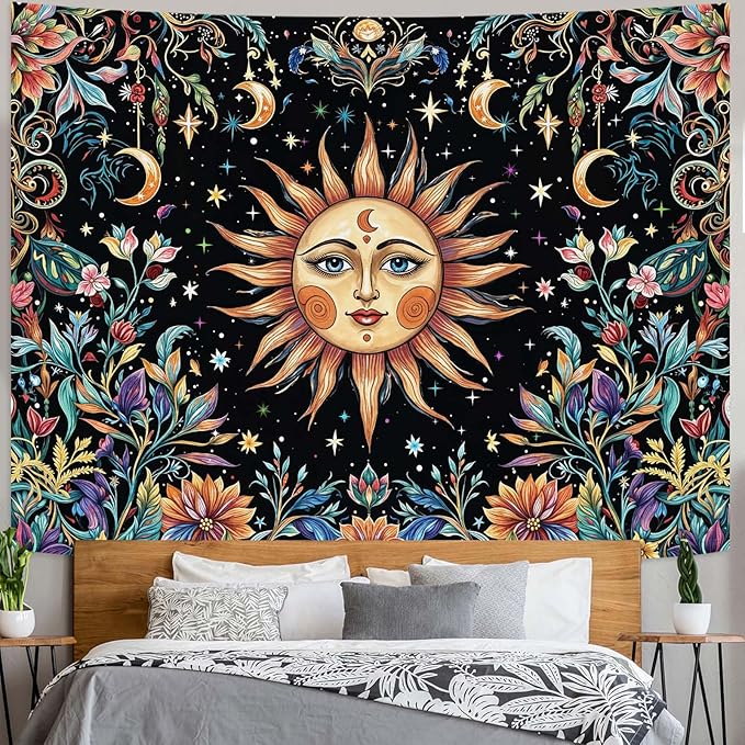 Aipon Sun and Moon Tapestry Hippie Boho Floral Wall Tapestry for Bedroom Aesthetic Colorful Flowers Vintage Celestial Botanical Plant Large Tapestries Wall Hanging for Living Room Dorm 80 x 60 Inch