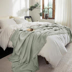 FOSSA Muslin Blanket with Fringe - 4-Layer 100% Cotton Gauze Super Soft & Breathable Throw -Lightweight Decorative Cooling Blanket for Bed, Sofa, Office (Sage Green, Oversize Queen (98" × 98"))