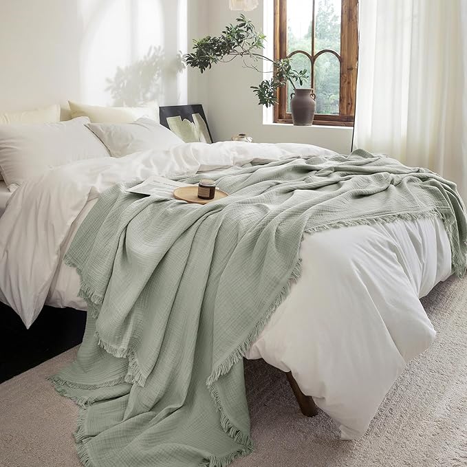 FOSSA Muslin Blanket with Fringe - 4-Layer 100% Cotton Gauze Super Soft & Breathable Throw -Lightweight Decorative Cooling Blanket for Bed, Sofa, Office (Sage Green, Queen (90" × 90"))