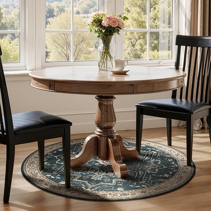 Deep Blue Round Rugs 5ft, Non Slip Washable Thin Circle Rugs for Bedroom Living Room, Traditional Medallion Printed Circle Carpet 5 feet for Kitchen Dining Room
