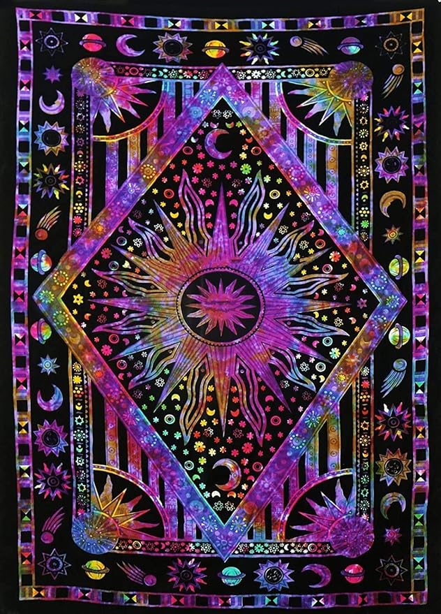 Popular Handicrafts Wall Hanging Tapestry For Bedroom Hippie Burning Sun and Moon Meditation Bohemian Hippy Psychedelic Design Indian Tapestries Bedspread 30 x 40 Inches (76 x 101 cms), Blue