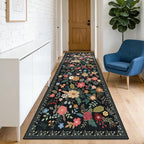 Washable 2' x 6' Runners for Hallways, Non Slip Long Floor Runner for Kitchen, Entryway Indoor, Stain Resistant Rubber Backing Floral Decor Rug (Black)