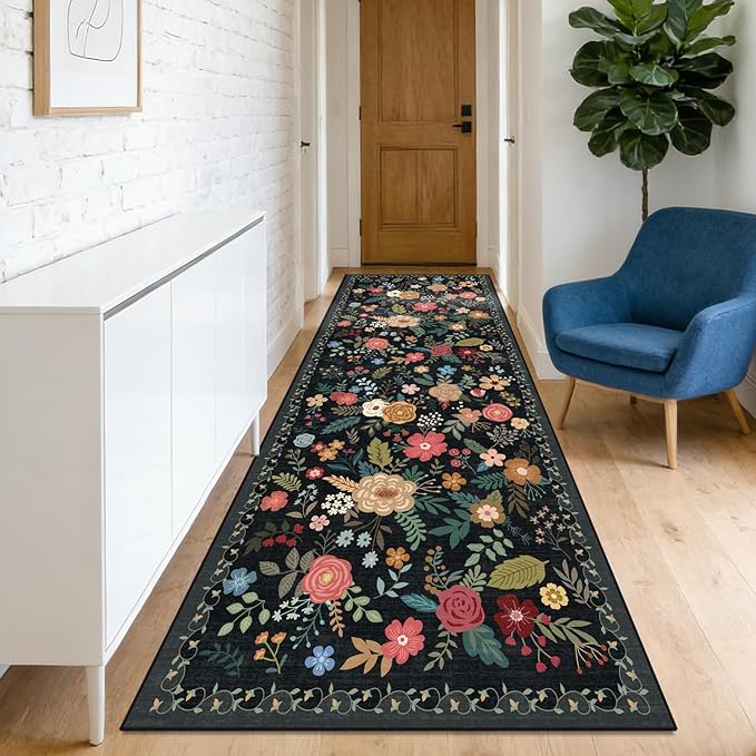 Washable 2'6" x 8' Runners for Hallways, Non Slip Long Floor Runner for Kitchen, Entryway Indoor, Stain Resistant Rubber Backing Floral Décor Rug (Black)