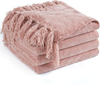 Chenille Throw Blanket for Couch 60"X 80" Twin, Soft Cozy Throws with Fringe Tassel for Bed Sofa Chair Cover, Lightweight Knitted Decorative Boho Blankets for Living Room, Dusty Pink