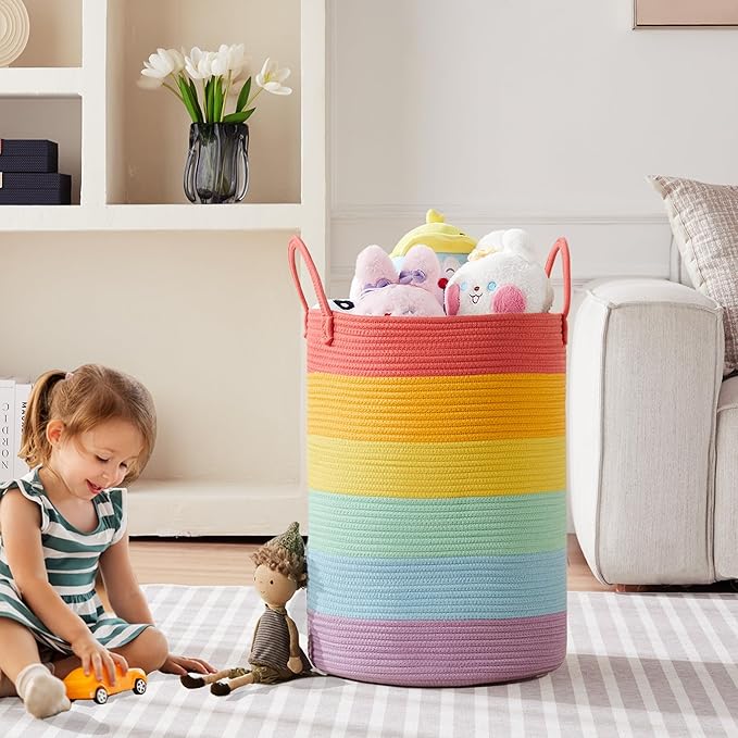 80 Large Rainbow Laundry Hamper Basket for Girls Kids Tall Unicorn Baby Nursery Hamper for Clothes Woven Roper Blanket Toy Basket in Living Room Playroom Bedroom 16"D x 22"H
