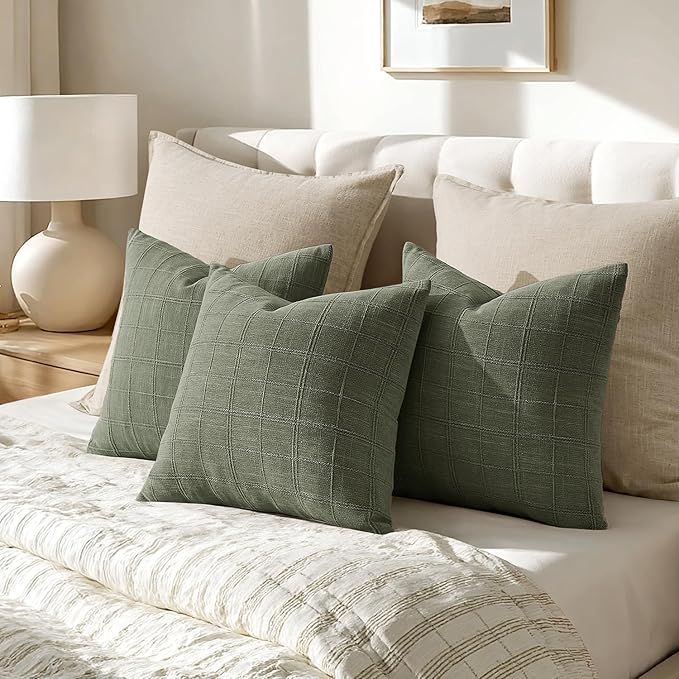 Woaboy Linen Check Throw Pillow Covers Set of 2 - Light Olive Green Farmhouse Modern Boho Vintage Decorative Cushion Covers Spring Home Decorfor Sofa Couch Bedroom Living Room 20x20 Inch