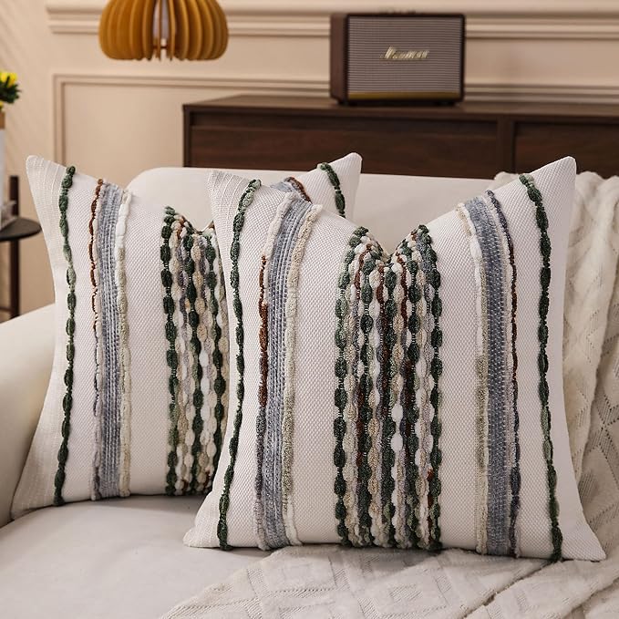 Boho Striped Throw Pillow Covers 18x18 Inch Set of 2 Farmhouse Square Decorative Pillow Covers Chenille Tufted Accent Neutral Pillowcase Green Cushion Cover for Living Room Couch Sofa Bed