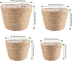 Set of 4 Seagrass Planter Basket, 6" 7" 9" 10" Hand Woven Plant Basket with Waterproof Plastic Liner, Round Natural Flower Pot for Indoor Outdoor Modern Home Decoration, Brown