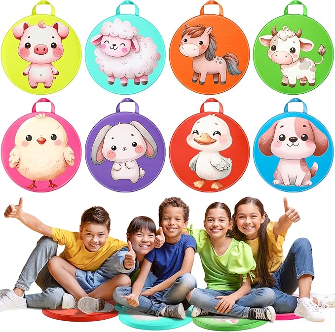 8 Pcs Kids Floor Cushions for Classroom Flexible Round Seating with Handle Soft Waterproof Floor Pillows with Cute Cartoon Animal Pattern for Elementary Daycare Preschool(Farm Animals)